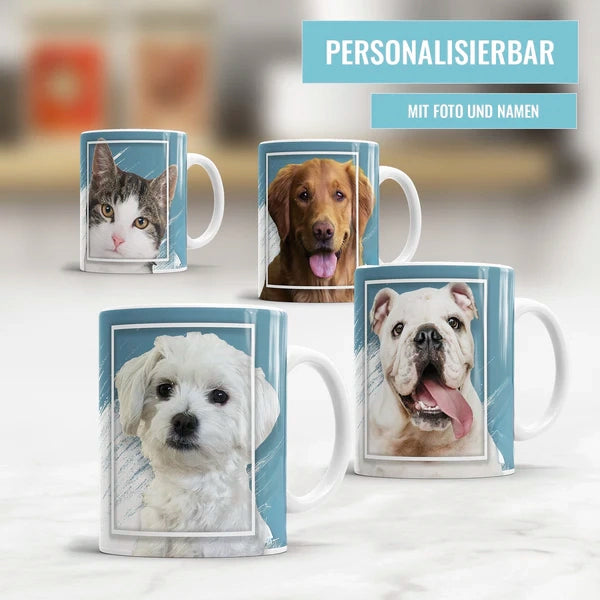 Personalisierte Fototassen mit Hund und Katze in verschiedenen Designs als Beispiel