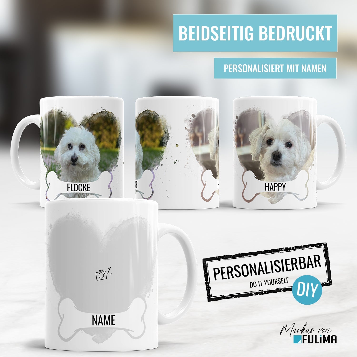 Fototasse mit Herzenshund Design personalisierbar mit Hundefoto und Name
