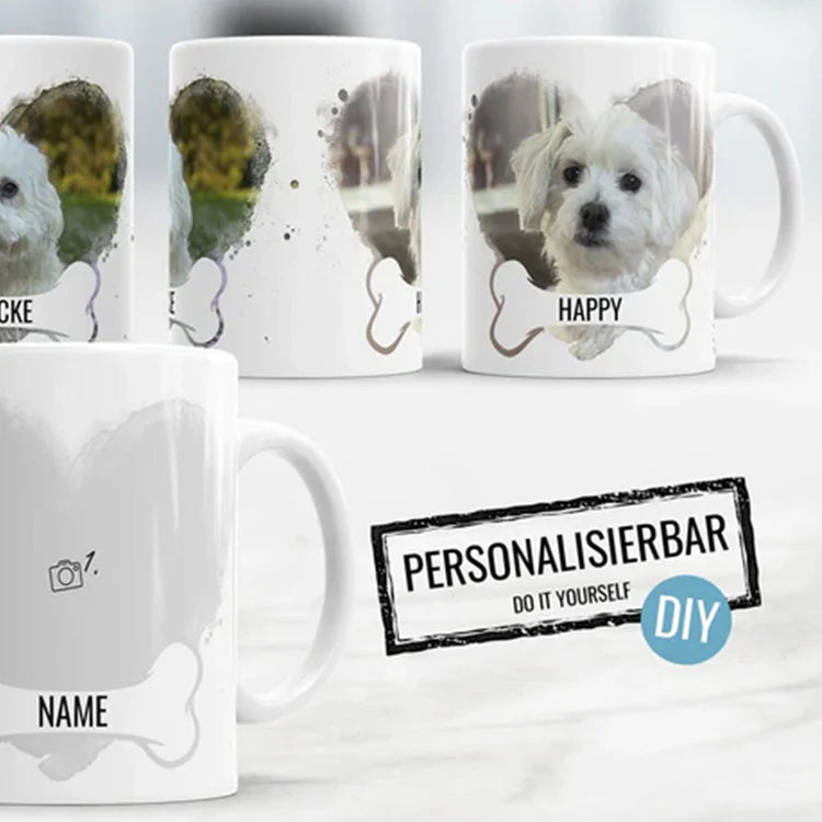 Fototasse mit Herzenshund Design personalisiert mit Hundename und Foto vom Hund