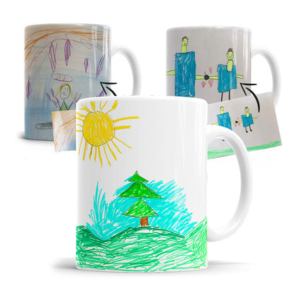 Fototasse mit selbstgemalter Kinderzeichnung als emotionales Geschenk für die Familie