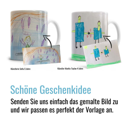 Fototasse mit selbstgemalter Kinderzeichnung als emotionales Geschenk für die Familie - Referenzbilder mit Hinweis
