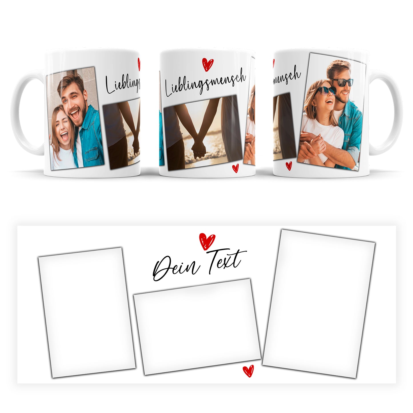 Personalisierte Fototasse mit drei Fotos und Wunschtext im Lieblingsmensch Design
