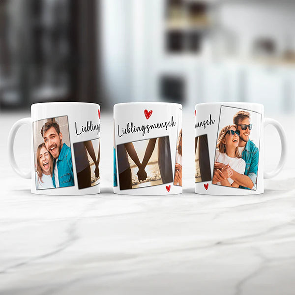 Fototasse mit drei Fotos und dem Wunschtext Lieblingsmensch als Geschenk