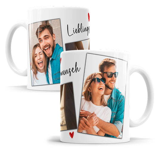 Personalisierte Fototasse mit drei Fotos und Wunschtext im Lieblingsmensch Design Produktbild