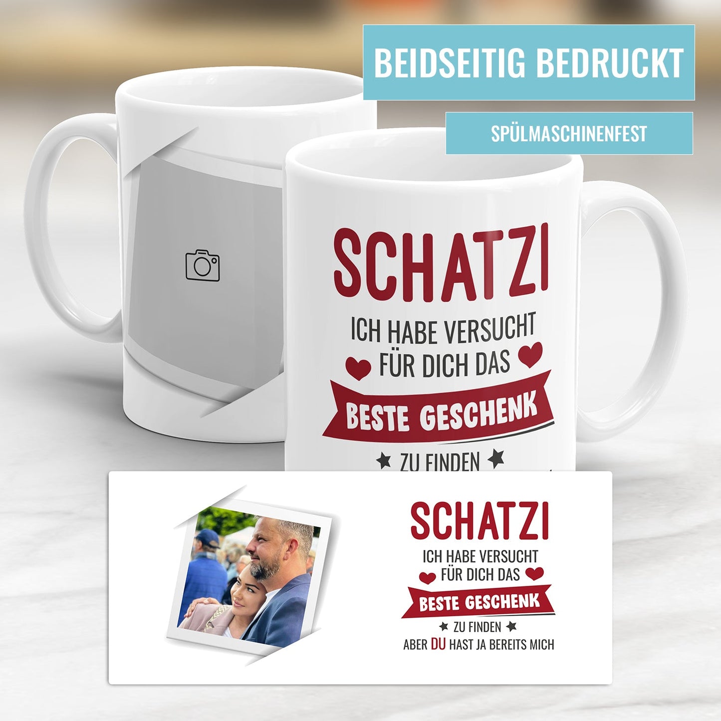 Personalisierte Fototasse im Polaroid Stil mit Foto und Liebesspruch -Beidseitig bedruckt Vorschau