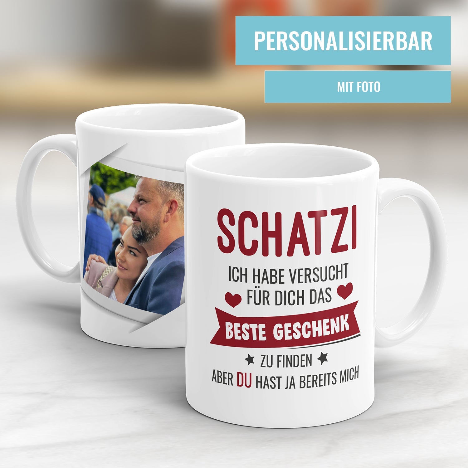 Personalisierte Fototasse im Polaroid Stil mit Foto und Liebesspruch -Druckvorschau mit Foto und Spruch beide Seiten