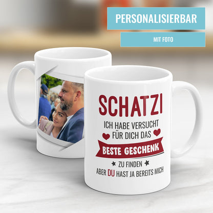 Personalisierte Fototasse im Polaroid Stil mit Foto und Liebesspruch -Druckvorschau mit Foto und Spruch beide Seiten