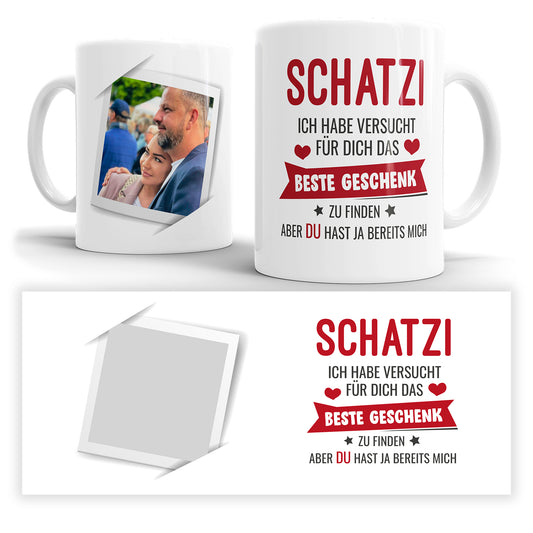 Personalisierte Fototasse im Polaroid Stil mit Foto und Liebesspruch -Druckvorschau