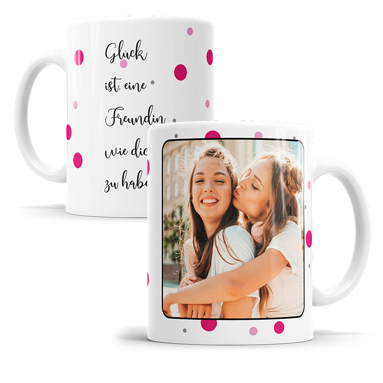 Personalisierte Fototasse mit Foto und Wunschtext im rosa-pinken-Punktdesign - Produktvorschau