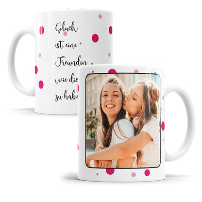 Personalisierte Fototasse mit Foto und Wunschtext im rosa-pinken-Punktdesign - Produktvorschau
