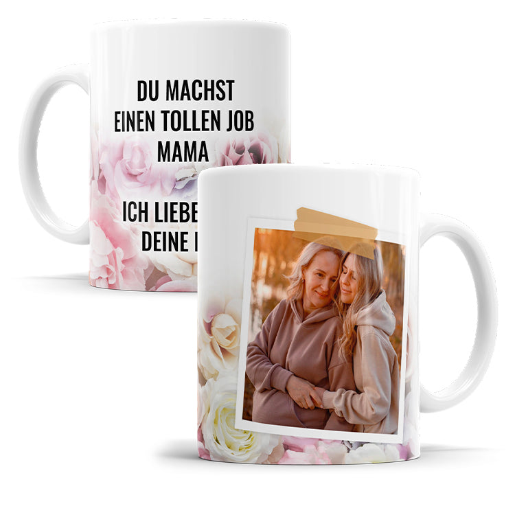 Personalisierte Fototasse im Rosenmoment Design mit Polaroid Foto und Wunschtext Produktbild