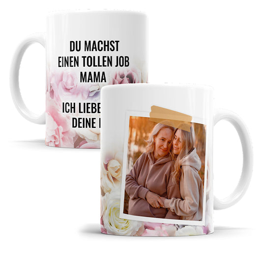 Personalisierte Fototasse im Rosenmoment Design mit Polaroid Foto und Wunschtext Produktbild