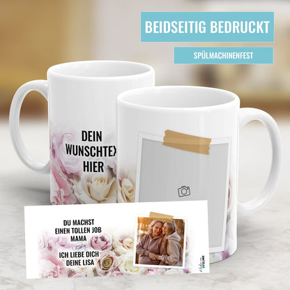 Fototasse Rosenmoment personalisieren - Foto hochladen und Wunschtext eingeben