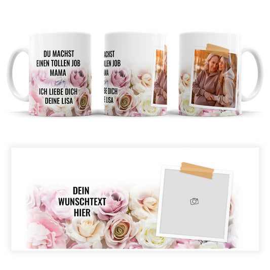 Personalisierte Fototasse im Rosenmoment Design mit Polaroid Foto und Wunschtext