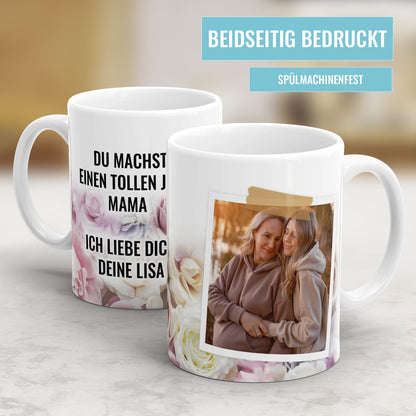 Rundum bedruckte Fototasse im Rosen Design mit Polaroid Foto und Text