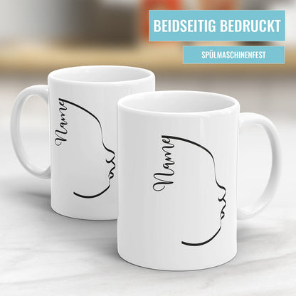 Beidseitig bedruckte Fototasse mit Sihouettenzeichnung und Name