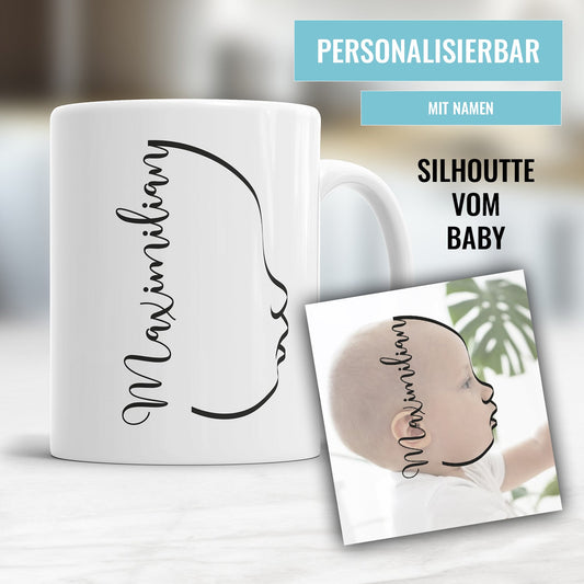 Personalisierte Fototasse mit linien-Silhouette aus einem Baby Seitenprofil und Name