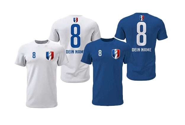 Personalisierte Frankreich Fan-Shirts in Weiß und Blau mit Wappen, Wunschname und Nummer