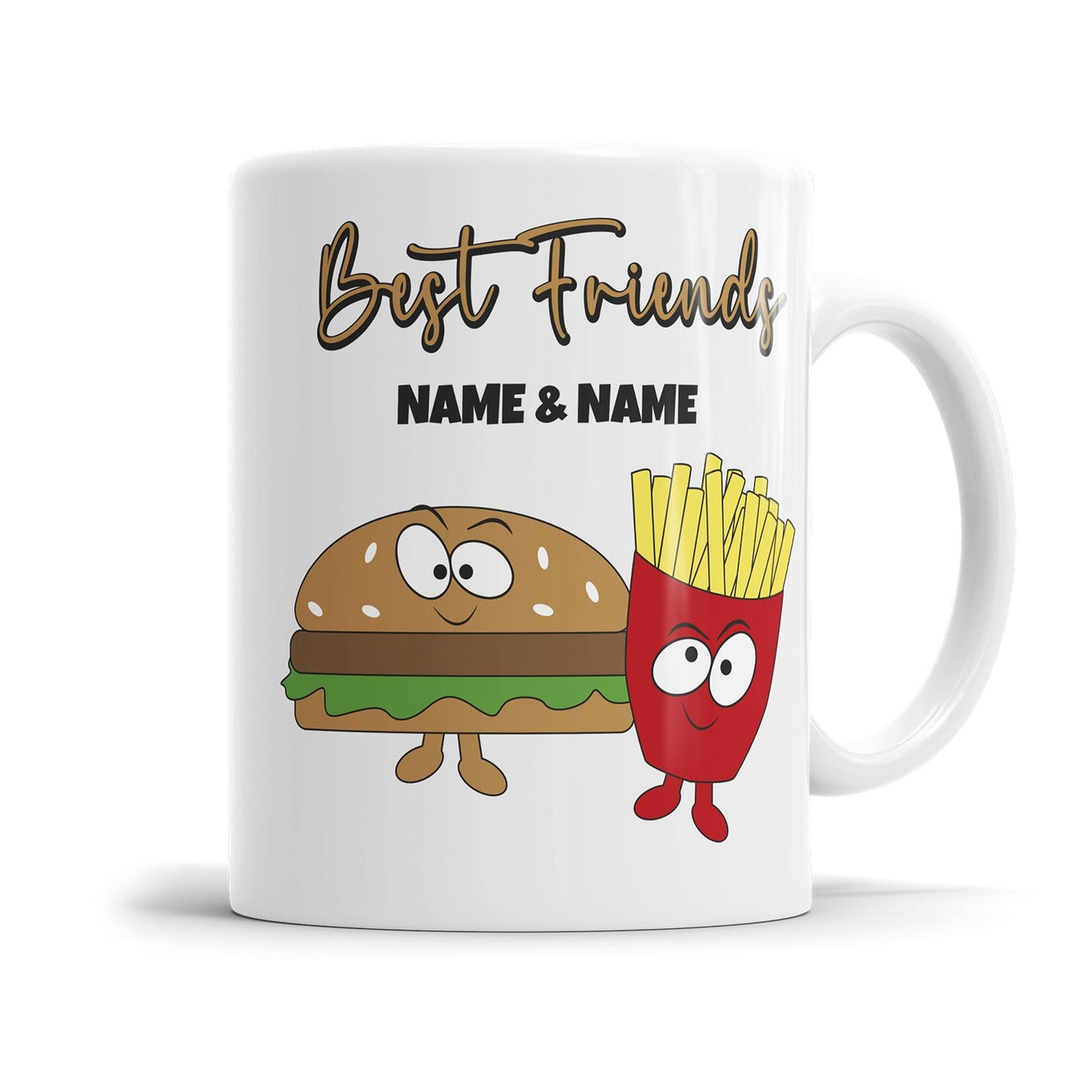 Lustige Freundschaftstasse mit Burger und Pommes Motiv personalisiert