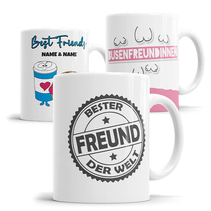 Übersicht personalisierter Freundschaftstassen mit verschiedenen Motiven