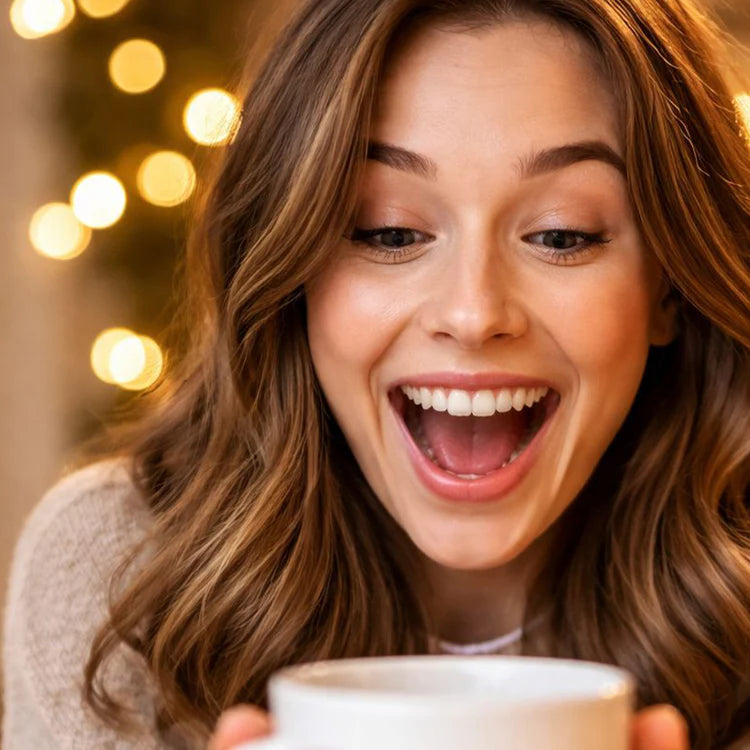 Beschenkte Frau freut sich strahlend über eine Fulima Tasse  