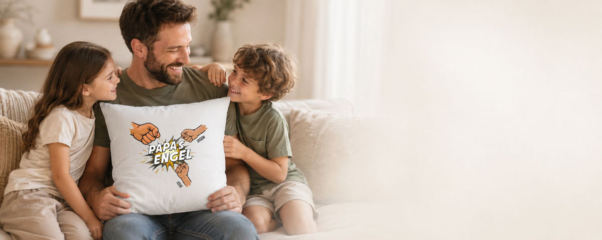 Personalisierte Geschenke für Papa. Kissen, Shirts und Fototasse von FULiMA