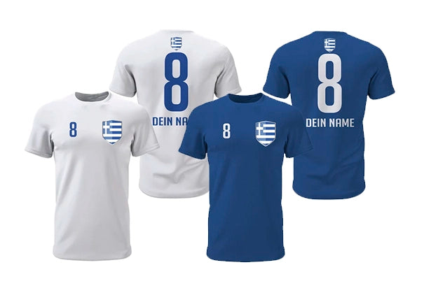 Griechenland Fan-Shirts in Blau und Weiß mit Wappen, Wunschname und Nummer