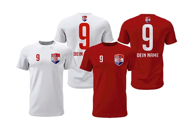 Personalisierte Kroatien Fan-Shirts in Weiß und Rot mit Wappen, Wunschname und Nummer
