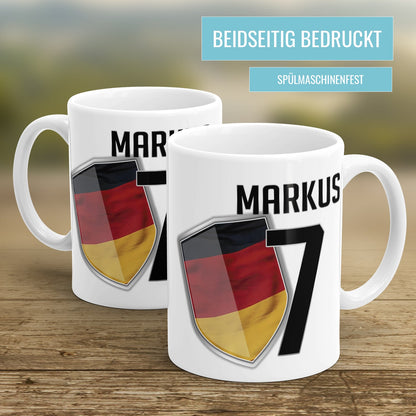 Beidseitig bedruckte Länder Tasse mit Name und Nummer