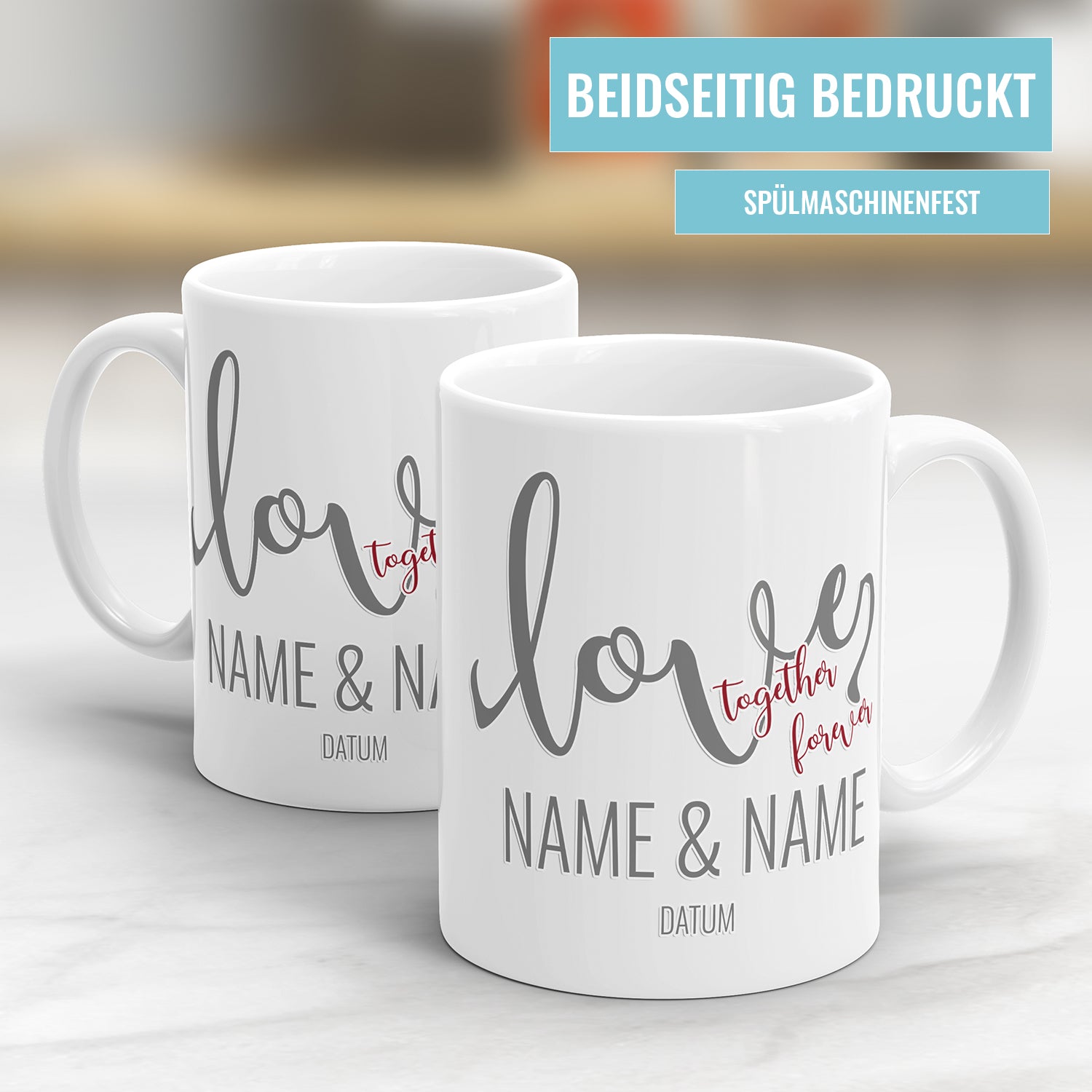 Partner Tasse Love Together Forever personalisiert mit Namen und Datum Fulima