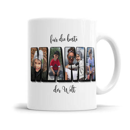 Personalisierte Mama Tasse mit vier Fotos im MAMA Schriftzug - Geschenk für Mama