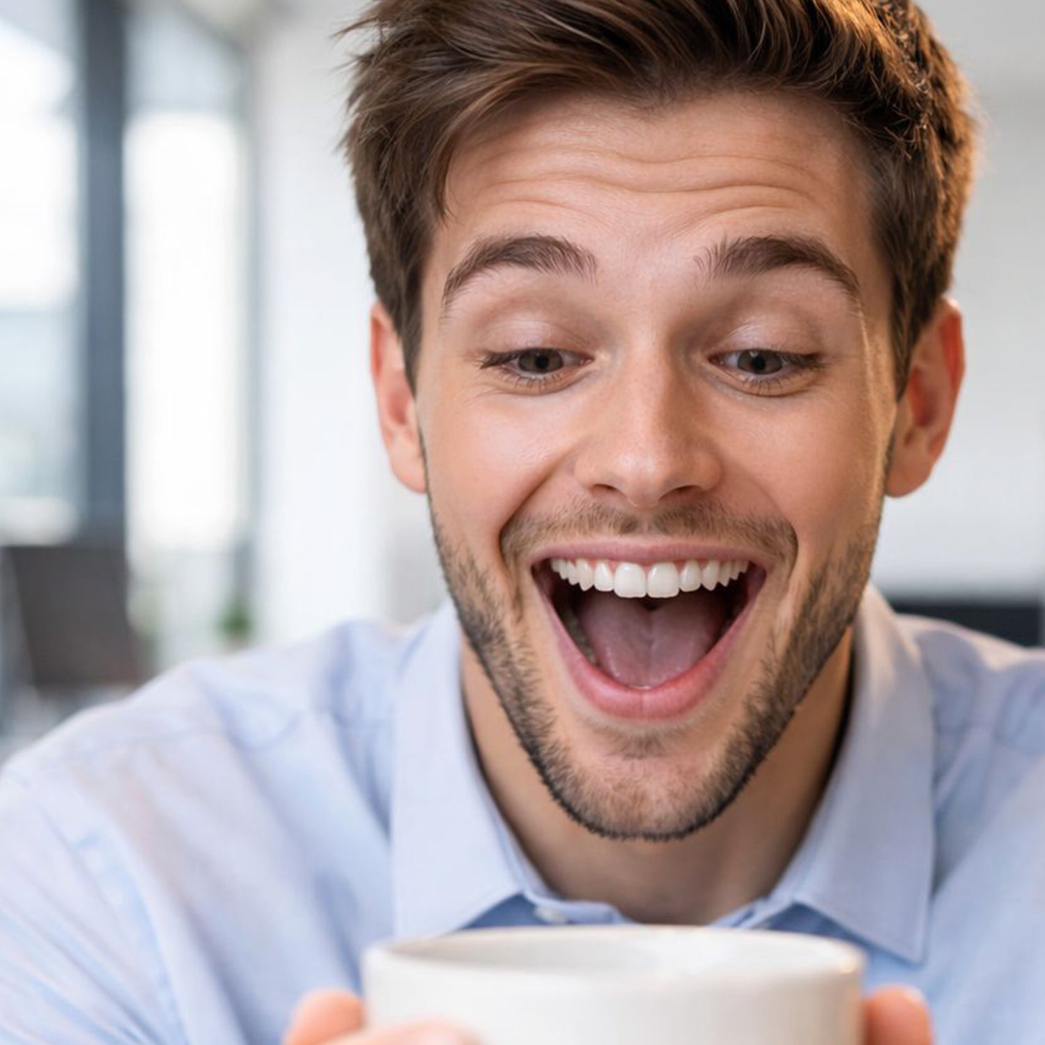 Glücklicher Mann freut sich über eine Tasse als Geschenk von Fulima