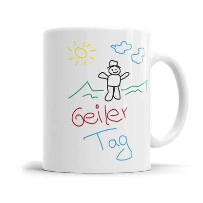 Motivationstasse mit Gute-Laune-Spruch und Sonnendesign