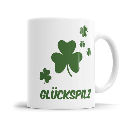 Motivationstasse mit Glückspilz Spruch und Kleeblatt Motiv