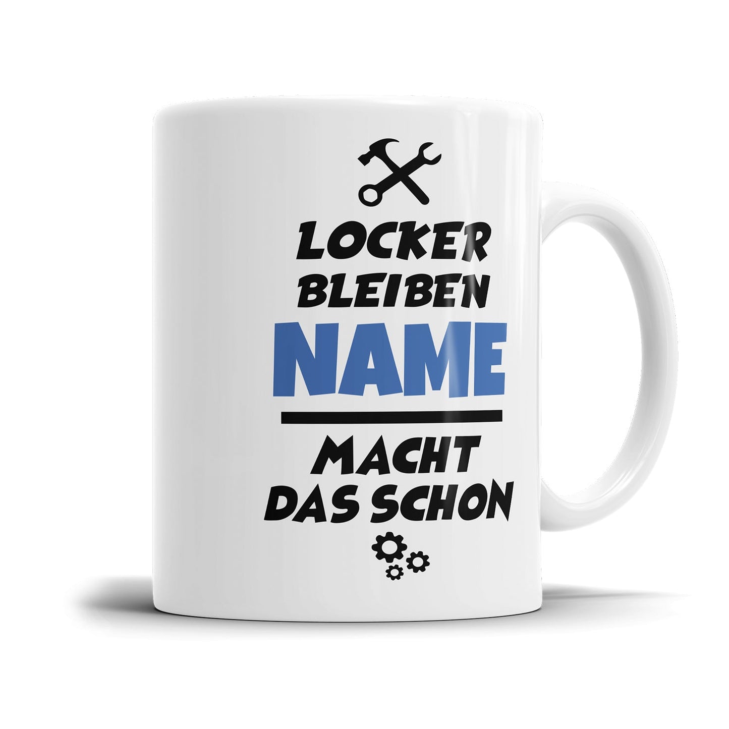 Humorvolle Motivationstasse mit personalisiertem Spruch für den Arbeitsalltag