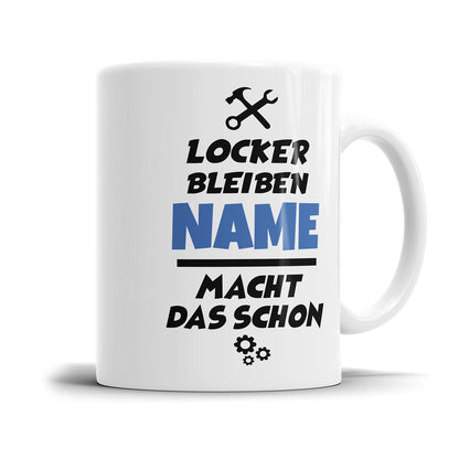 Humorvolle Motivationstasse mit personalisiertem Spruch für den Arbeitsalltag
