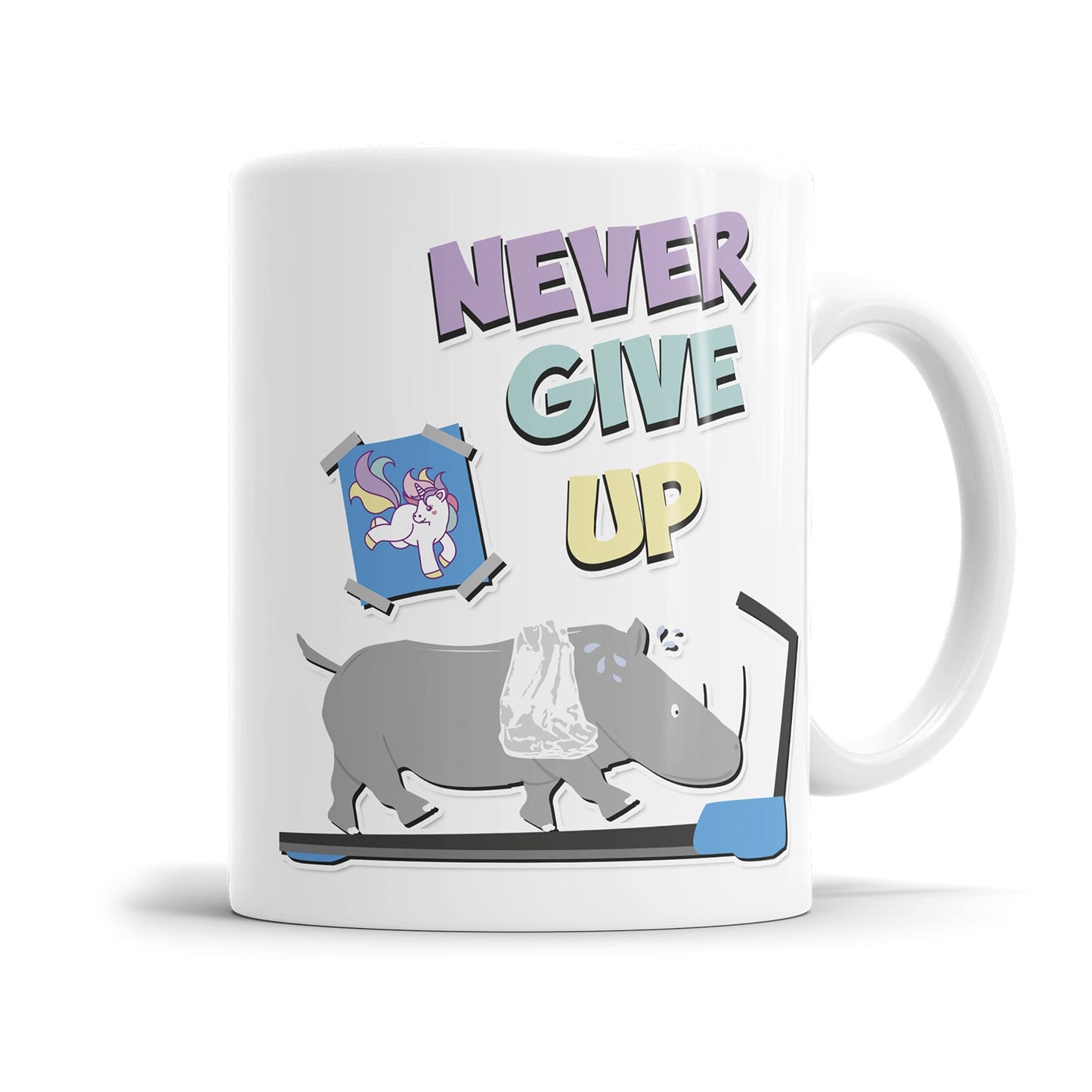 Motivationstasse mit mit Never give up  Spruch und Nashorn Motiv