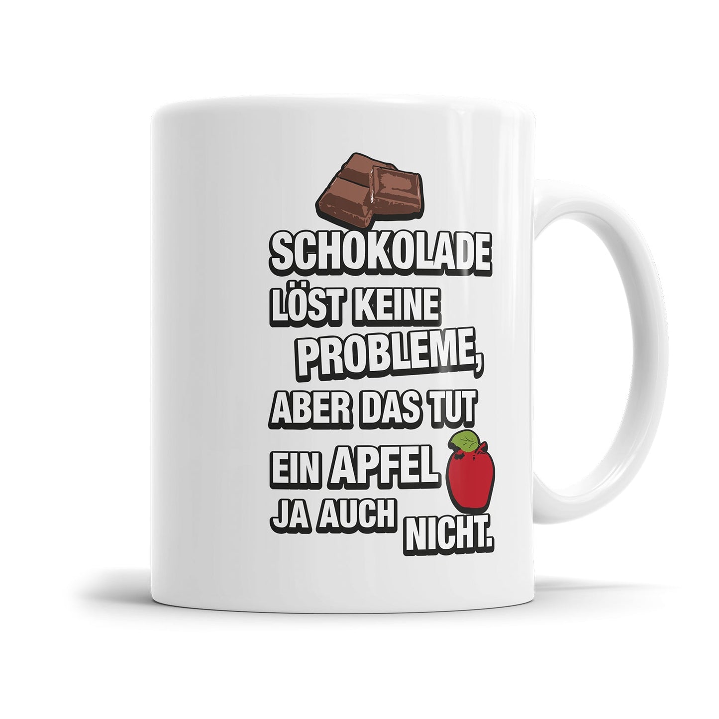 Lustige Motivationstasse mit Spruch über Schokolade und Alltag
