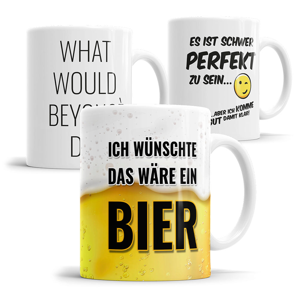 Übersicht humorvoller Motivationstassen mit verschiedenen Sprüchen