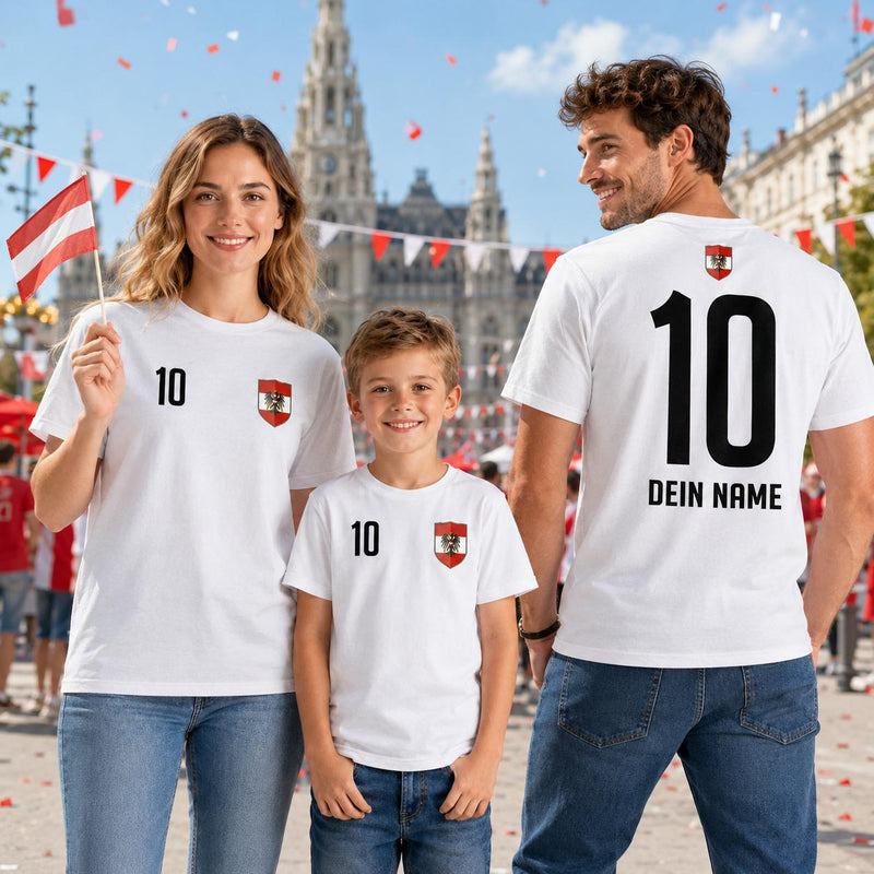 Personalisierbares Österreich Fan Shirt mit Wunschname und Nummer für die ganze Familie Kinder und Erwachsene