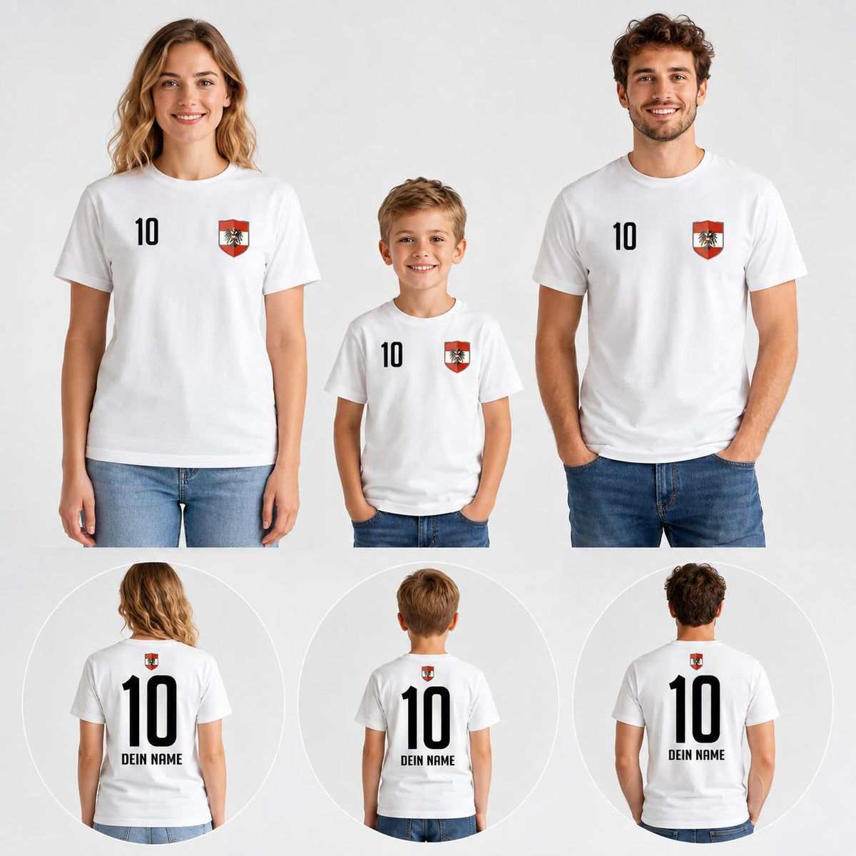 Österreich Fan Shirt personalisierbar mit Nummer und Name Vorder und Rückansicht Beispiel