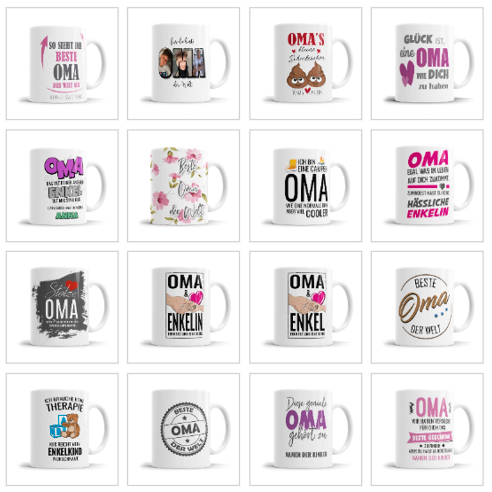 Auswahl verschiedener Oma Tassen Designs