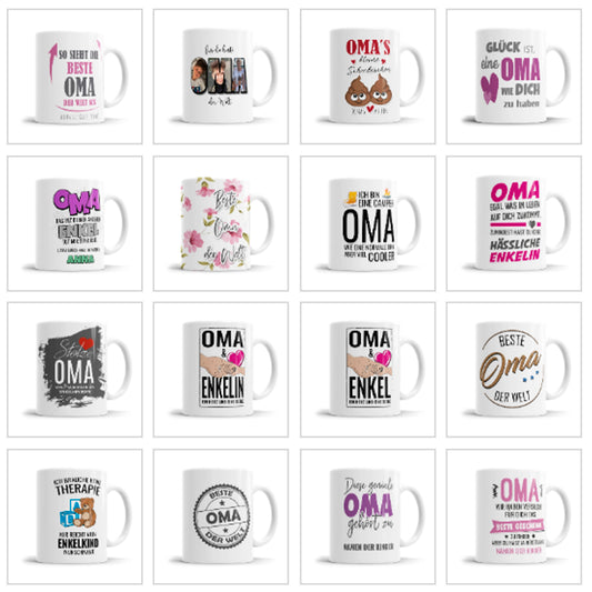 Auswahl verschiedener Oma Tassen Designs