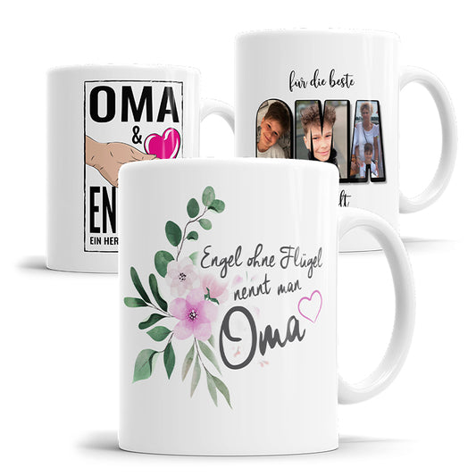 Übersicht personalisierter Oma Tassen mit verschiedenen Motiven