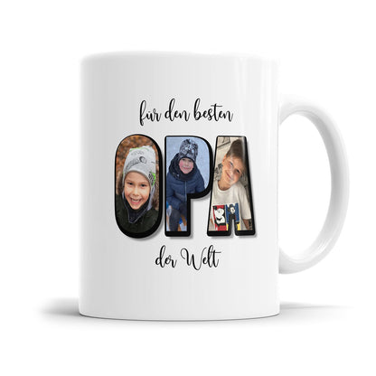 Personalisierte Opa Fototasse mit drei Fotos im OPA Design