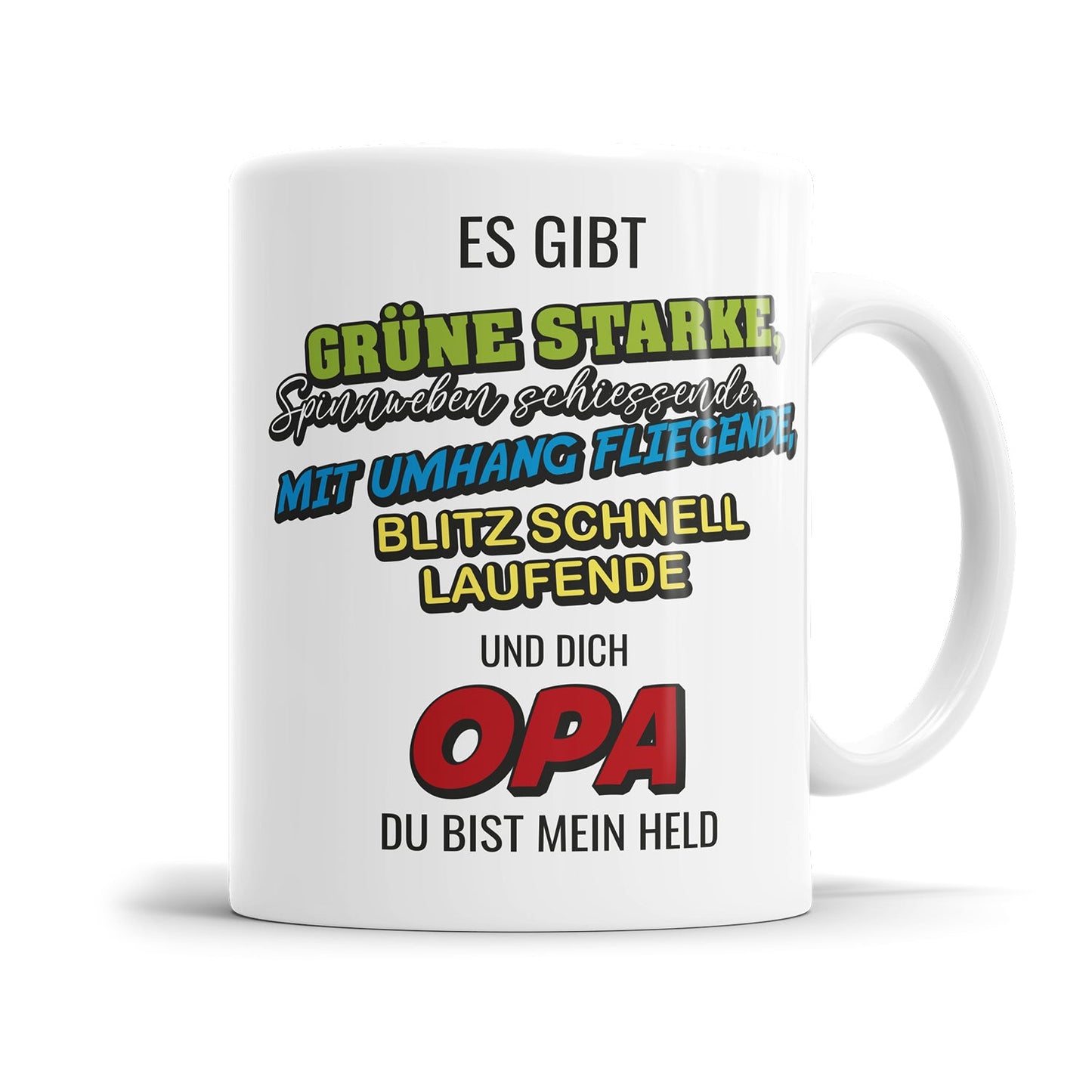 Emotionale Opa Tasse mit Superhelden Botschaft