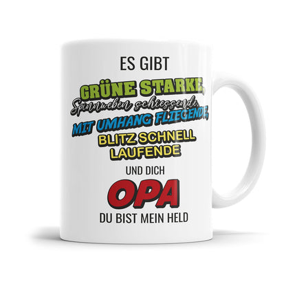Emotionale Opa Tasse mit Superhelden Botschaft