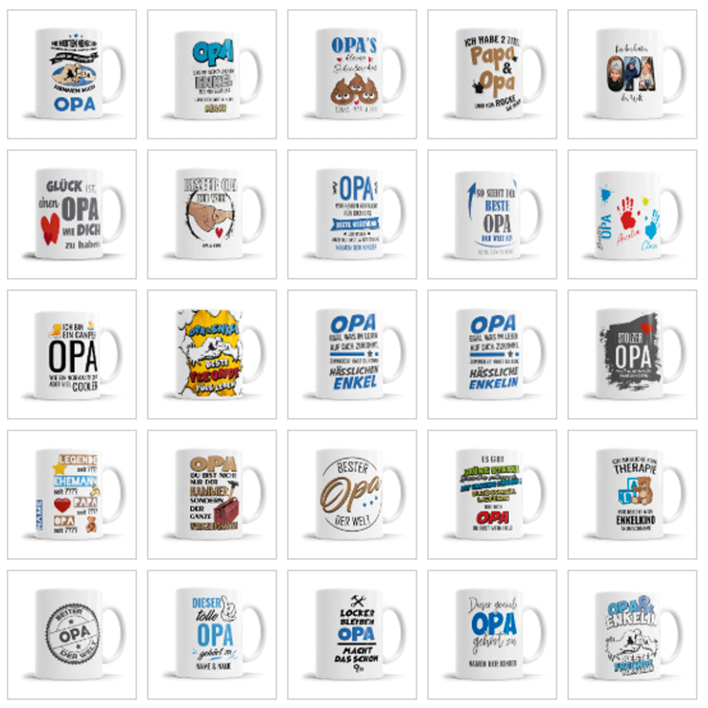 Auswahl verschiedener Opa Tassen Designs