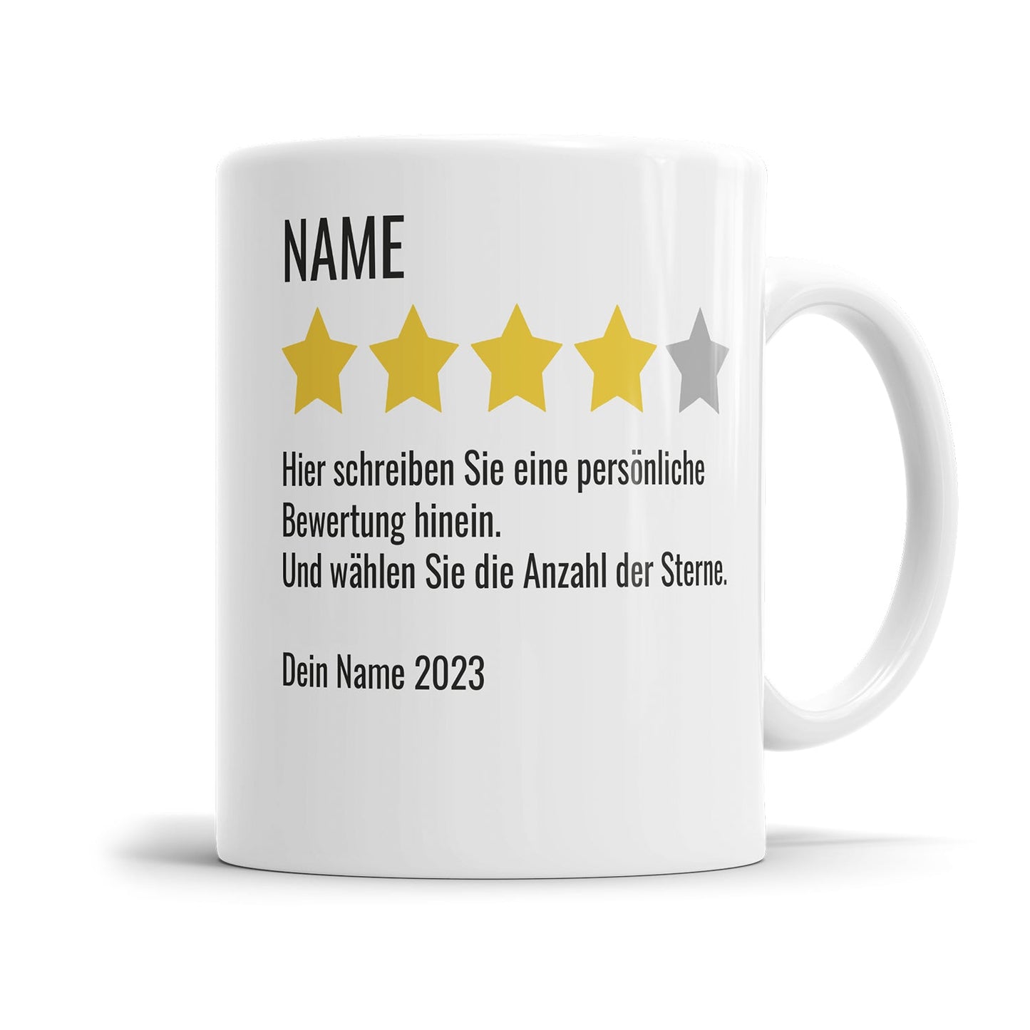 Personalisierte Liebestasse mit Sternebewertung und Wunschtext