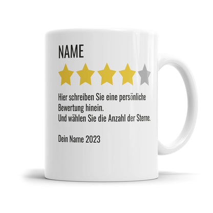 Personalisierte Liebestasse mit Sternebewertung und Wunschtext
